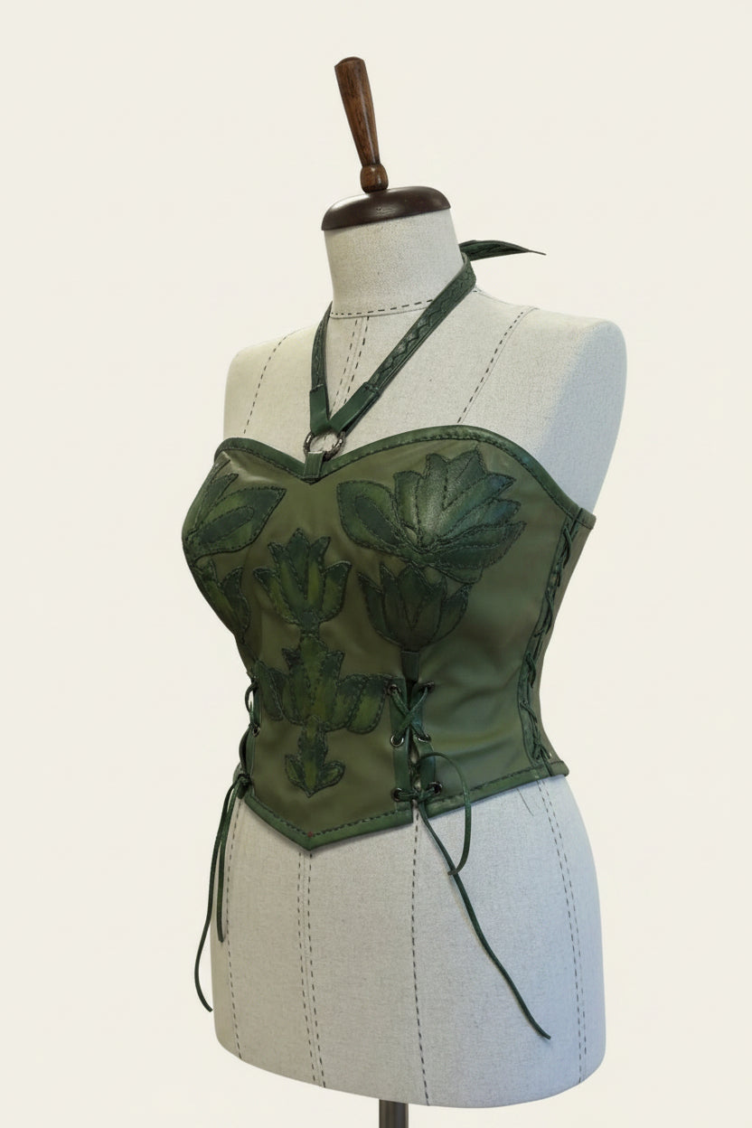 Handcrafted Olive Green Leather Halter Corset Top with Floral Appliqués | Artisan Bustier