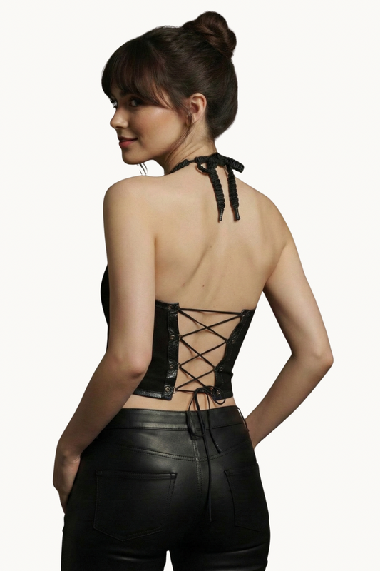 Top corsé halter de gamuza negra hecho a mano