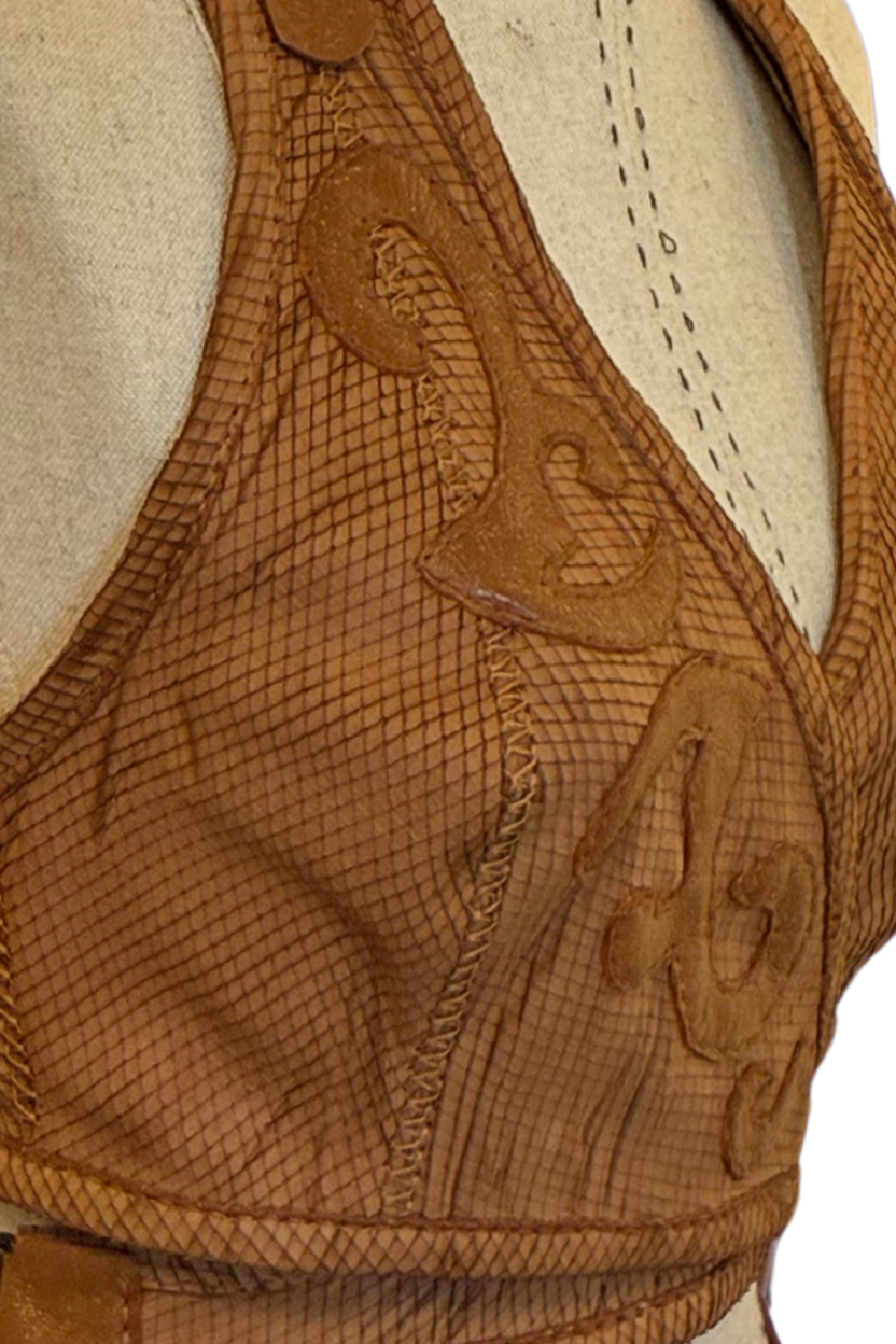 Handcrafted Brown Embossed Leather Wrap Halter Top