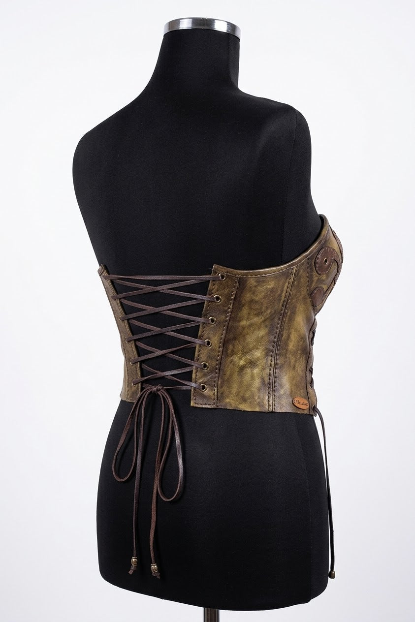 Handcrafted Antiqued Olive Leather Strapless Corset