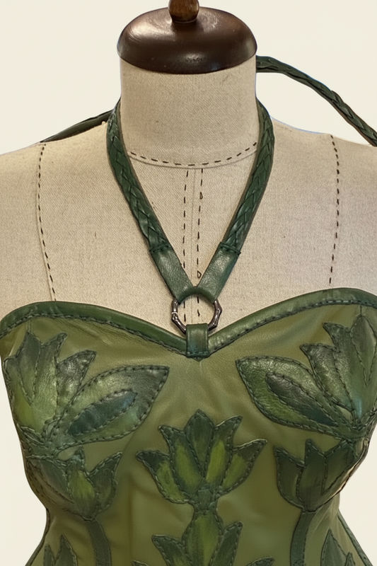 Handcrafted Olive Green Leather Halter Corset Top with Floral Appliqués | Artisan Bustier