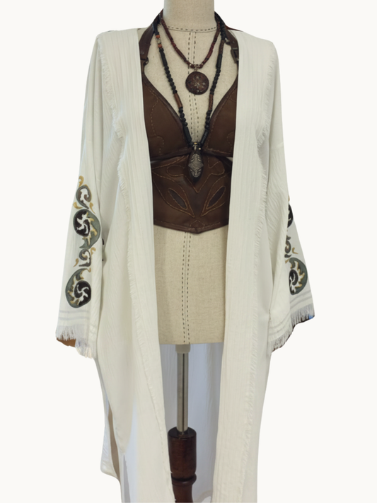 Handcrafted White Aerobin Kimono with Hand-Painted Motifs
