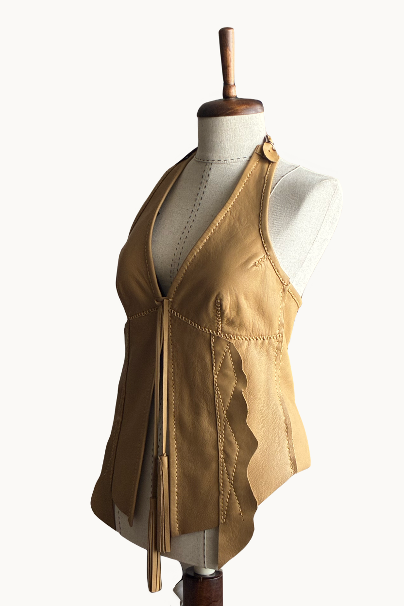 Handcrafted Tan Leather Halter Vest with Geometric Stitching