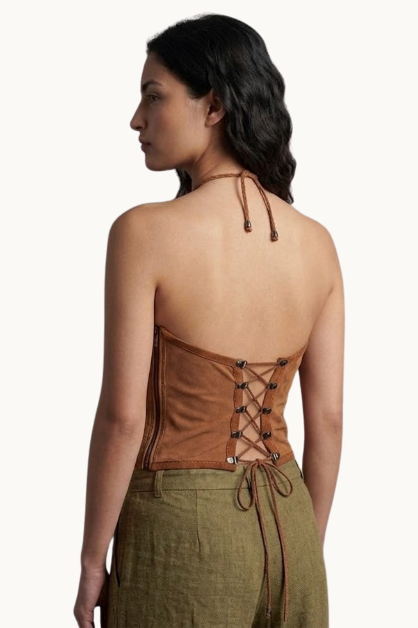 Handcrafted Brown Suede & Leather Tiger Eye Halter Top