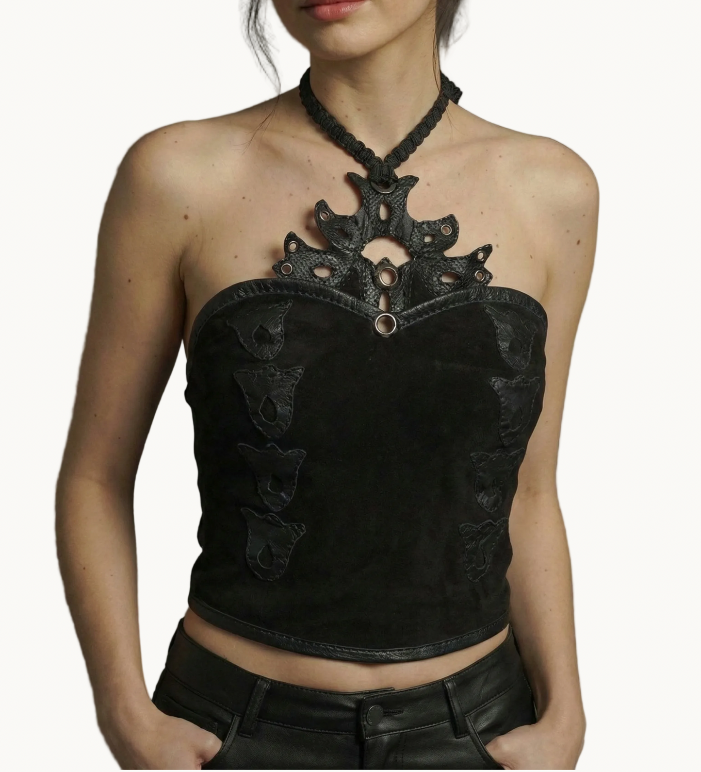 Handcrafted Black Suede Halter Corset Top