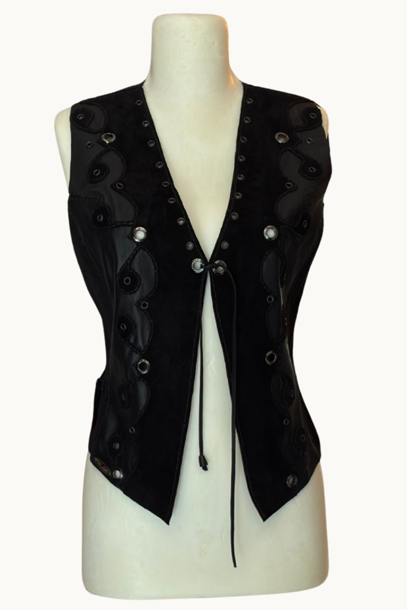 Handcrafted Black Leather & Suede Vest with Eyelets