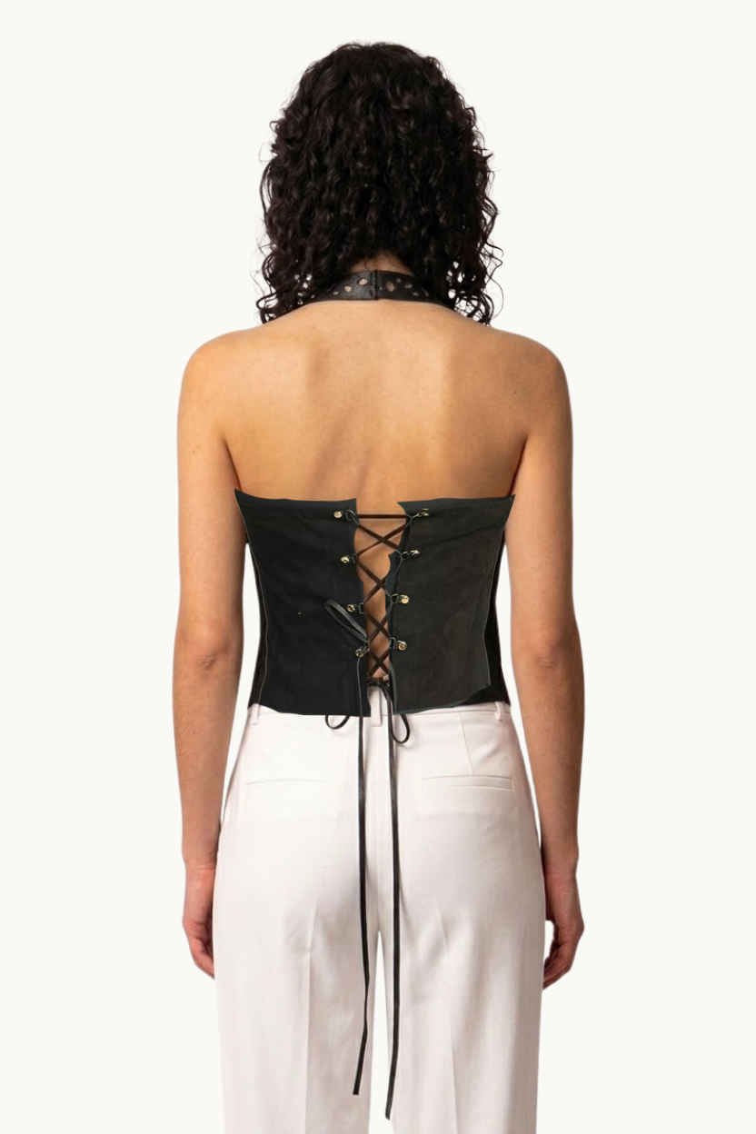 Handcrafted Black Suede Draped Corset with Cutout Strap