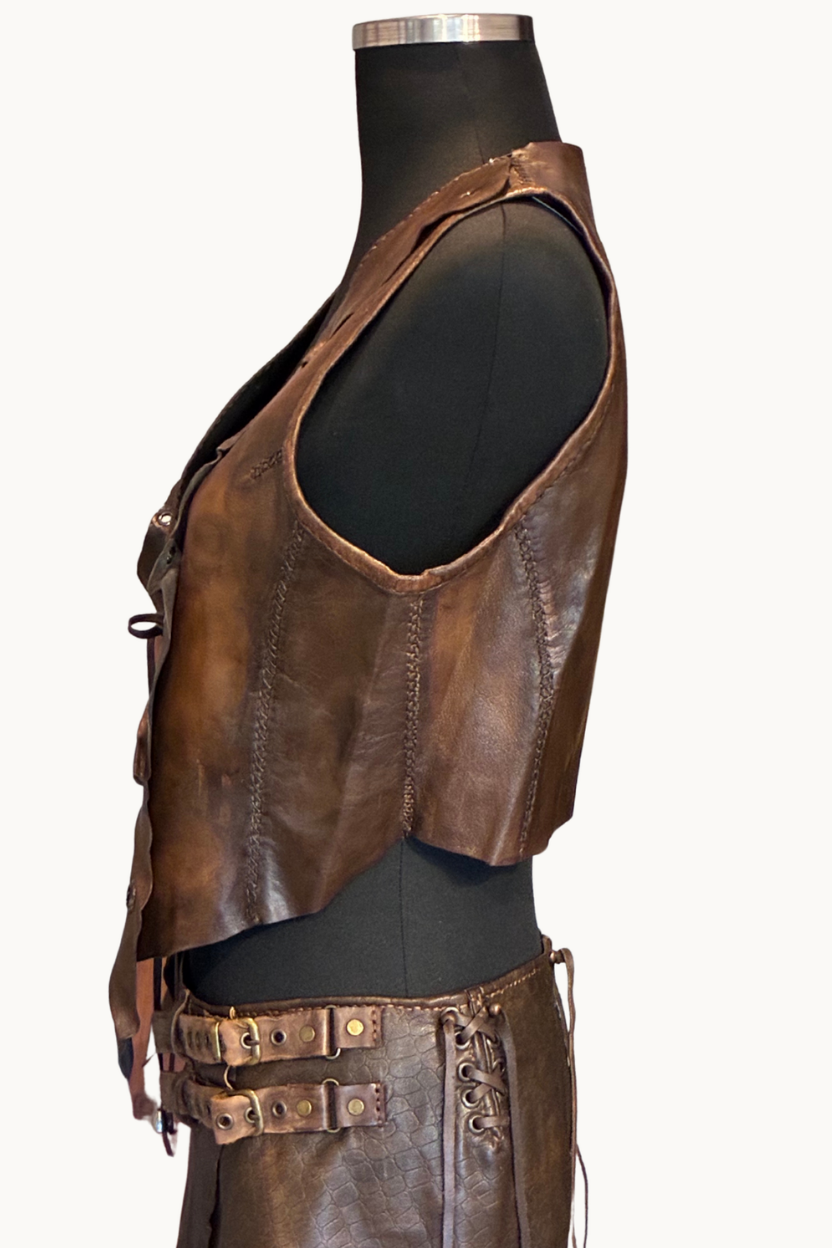 Handcrafted Distressed Leather Ruffle Vest with Eyelets