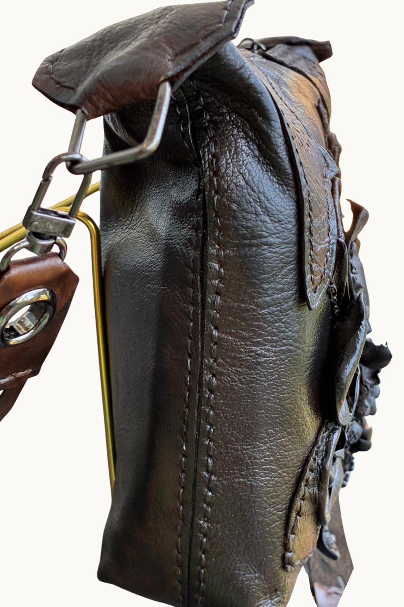 Handcrafted Leather Crossbody Bag with 3D Floral Appliqué