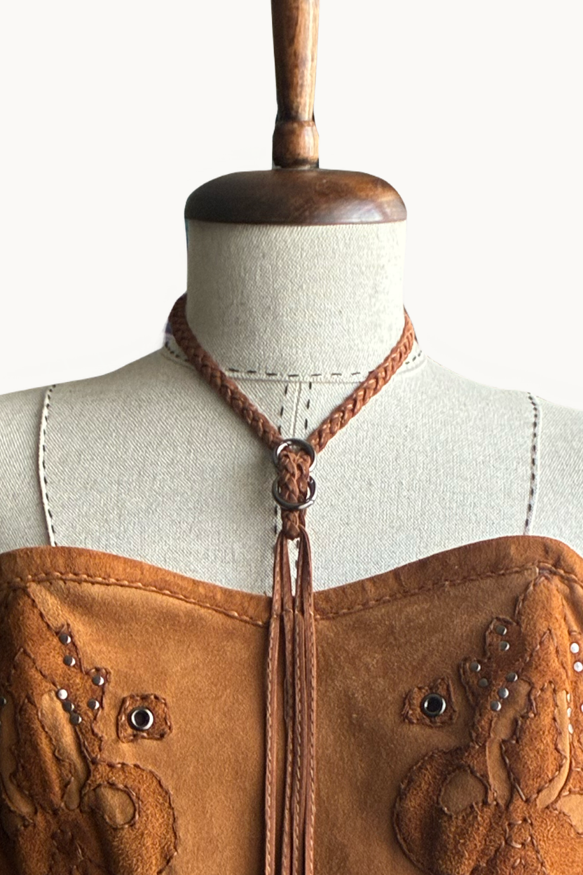 Handcrafted Brown Suede Halter Corset Top with Appliqués