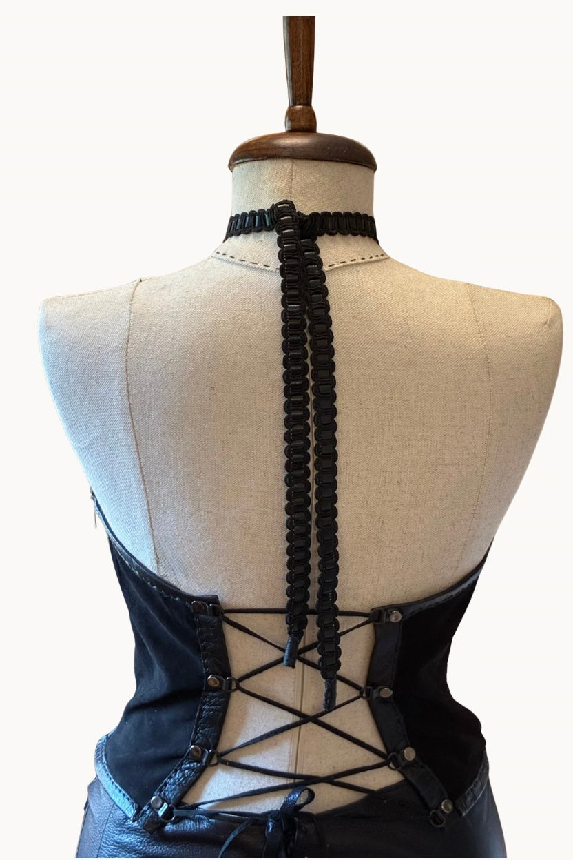 El Yapımı Siyah Süet Halter Korse Üst