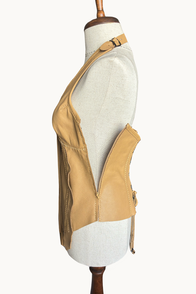 Handcrafted Tan Leather Halter Vest with Geometric Stitching