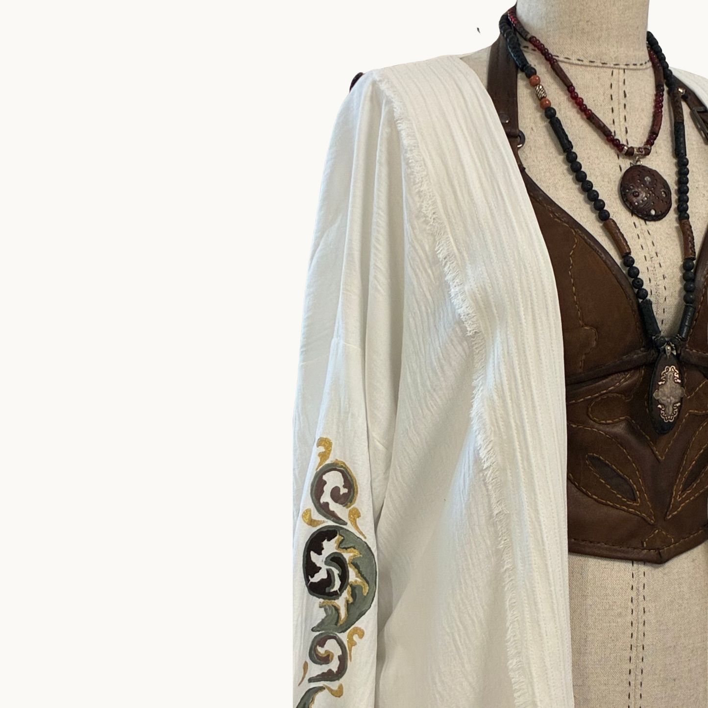 Handcrafted White Aerobin Kimono with Hand-Painted Motifs