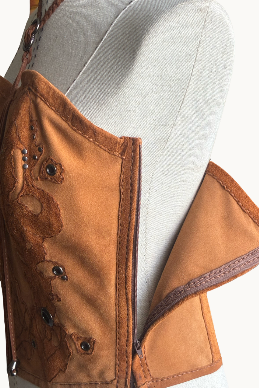 Handcrafted Brown Suede Halter Corset Top with Appliqués