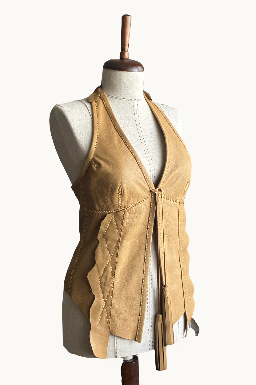 Handcrafted Tan Leather Halter Vest with Geometric Stitching
