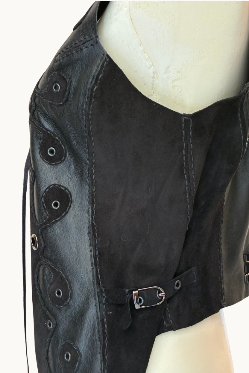 Handcrafted Black Leather & Suede Vest with Eyelets