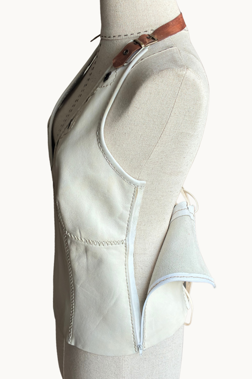 Handcrafted Cream Leather Halter Top with Lace-Up Back