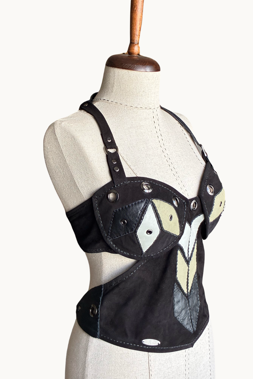 Handcrafted Black Suede Geometric Patchwork Halter Top