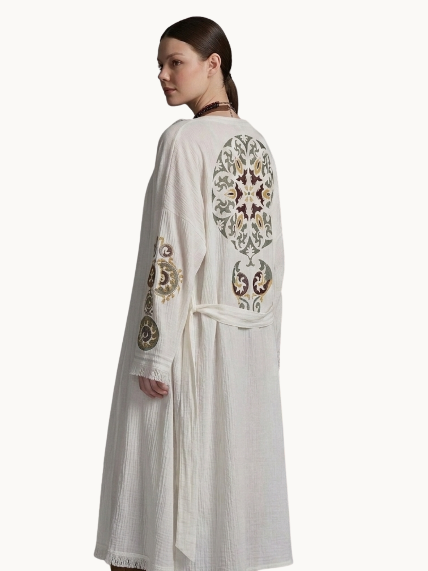 Handcrafted White Aerobin Kimono with Hand-Painted Motifs