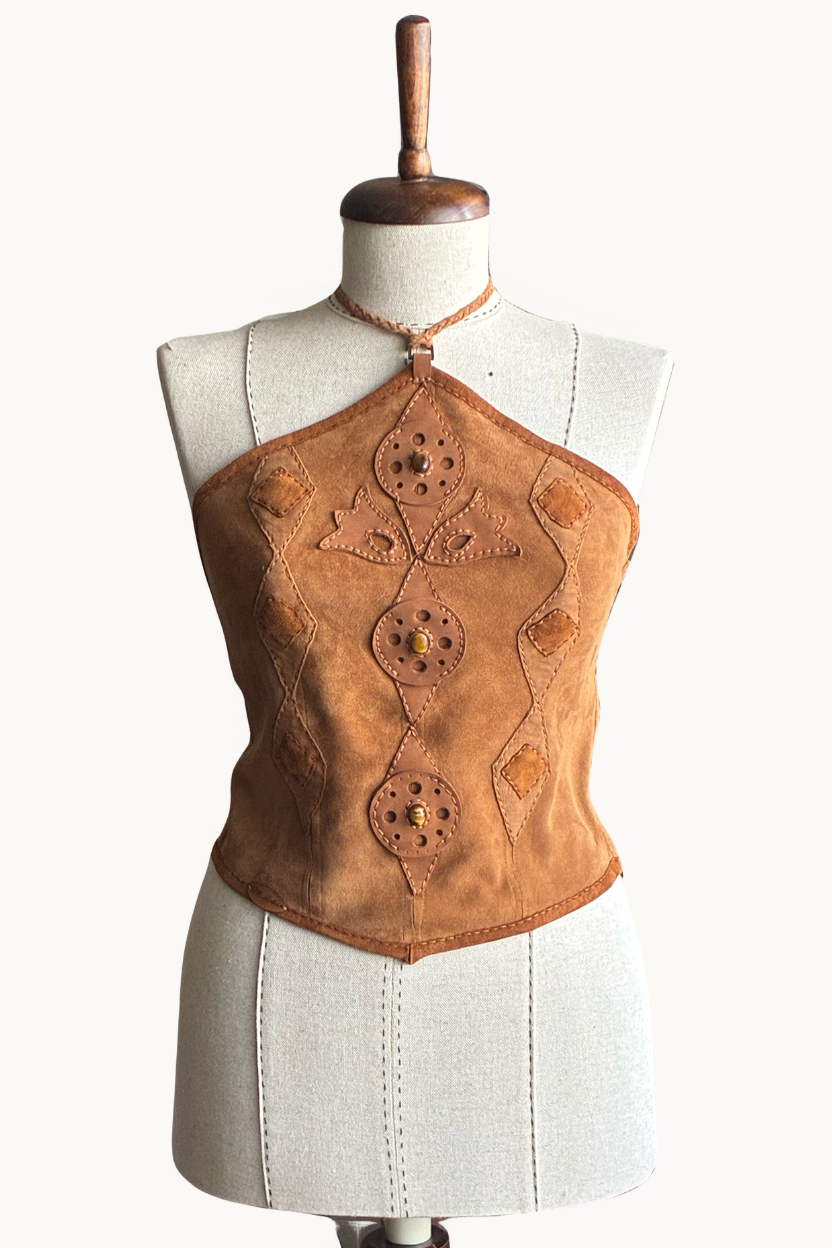 Handcrafted Brown Suede & Leather Tiger Eye Halter Top