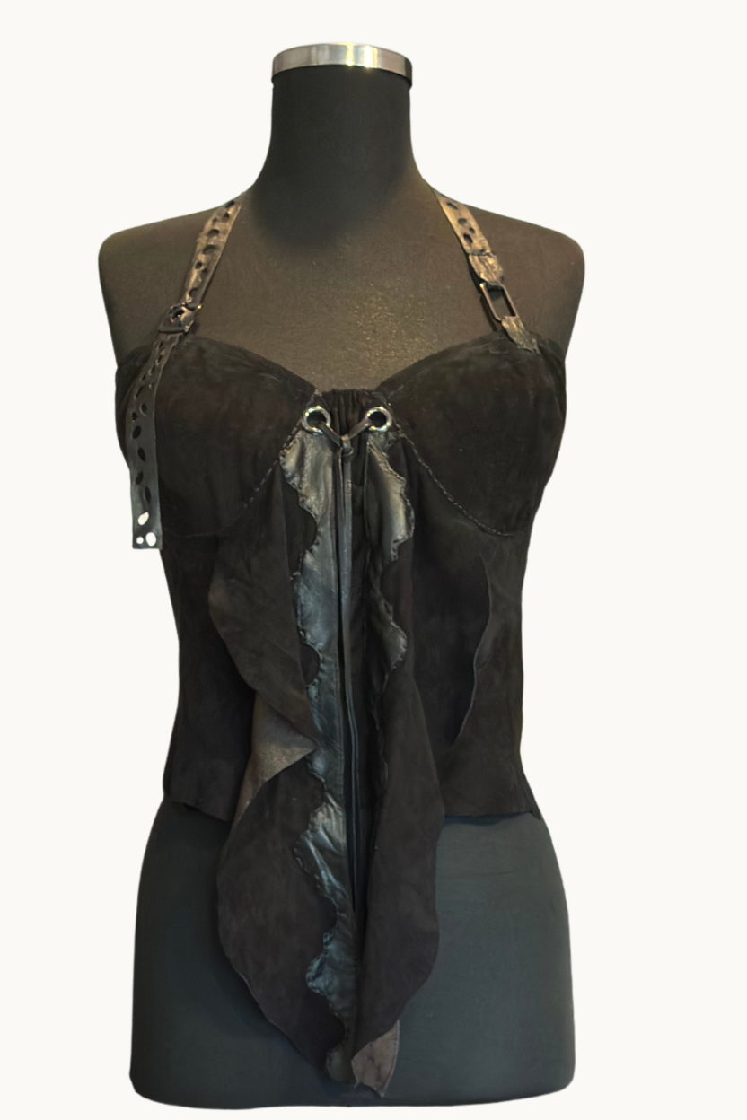 Handcrafted Black Suede Draped Corset with Cutout Strap