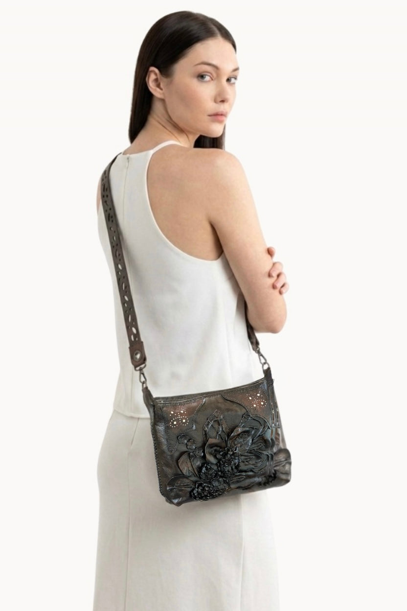 Handcrafted Leather Crossbody Bag with 3D Floral Appliqué