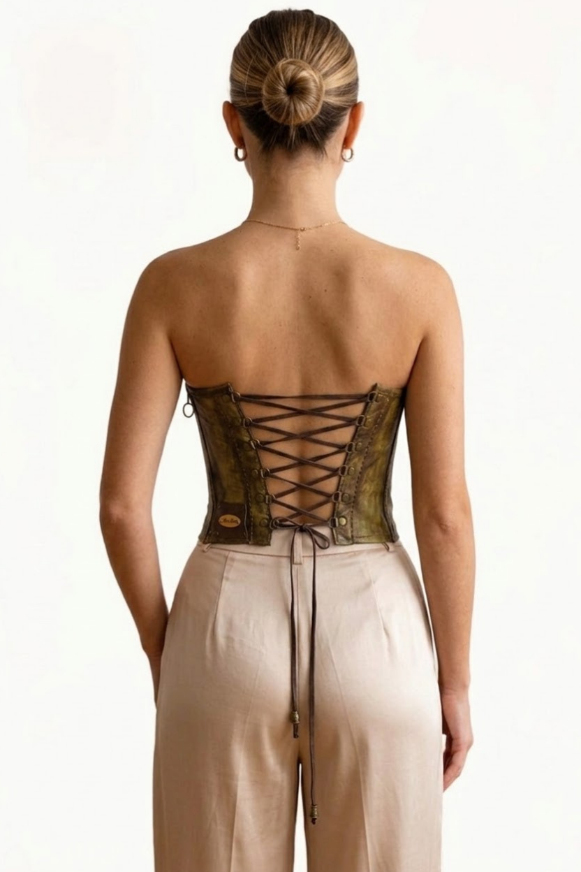 Handcrafted Antiqued Olive Leather Strapless Corset