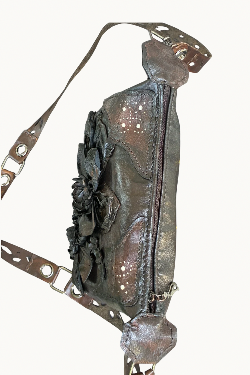 Handcrafted Leather Crossbody Bag with 3D Floral Appliqué