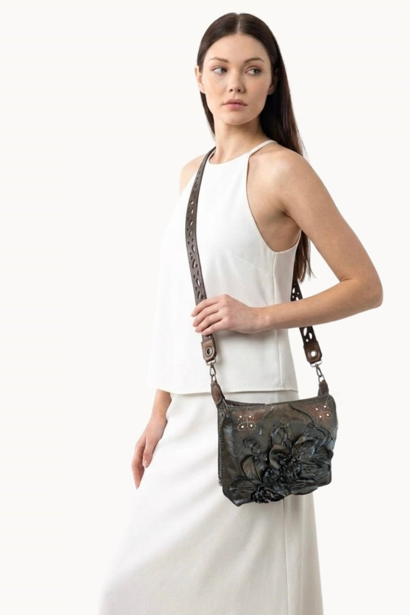 Handcrafted Leather Crossbody Bag with 3D Floral Appliqué