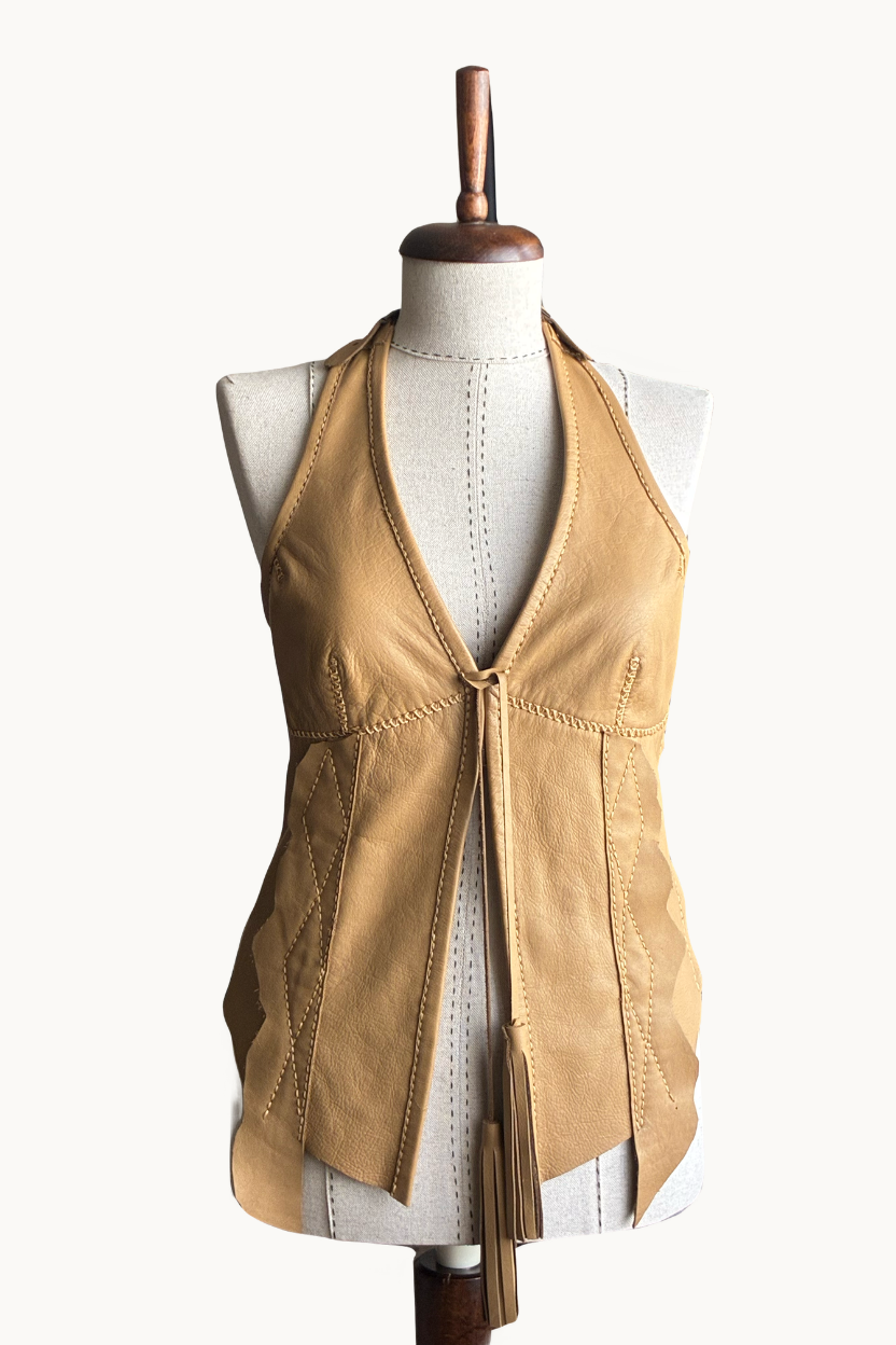 Handcrafted Tan Leather Halter Vest with Geometric Stitching