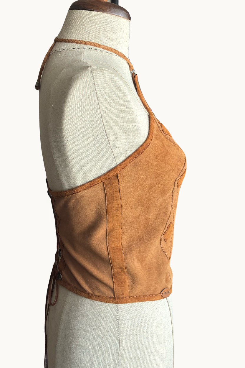 Handcrafted Brown Suede & Leather Tiger Eye Halter Top