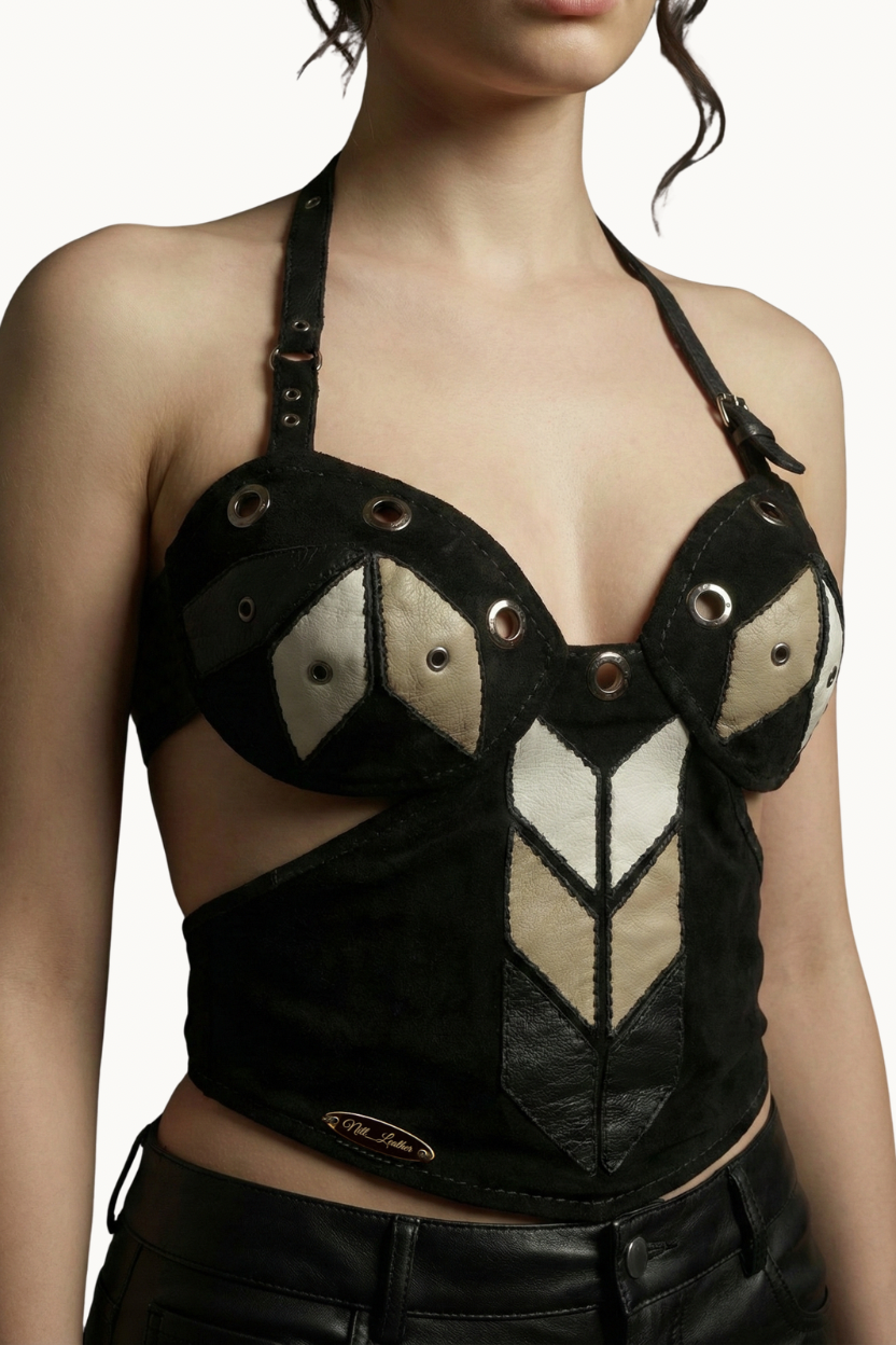 Handcrafted Black Suede Geometric Patchwork Halter Top
