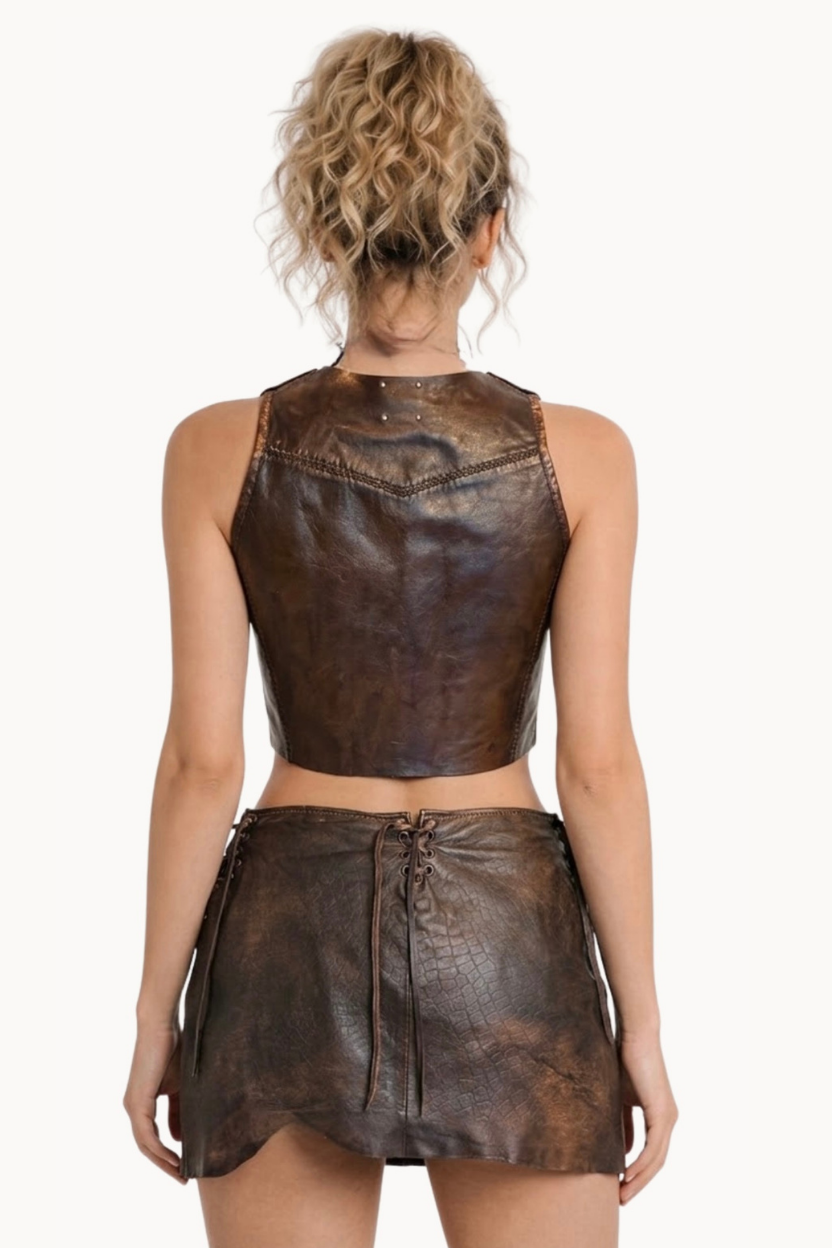 Handcrafted Distressed Leather Ruffle Vest with Eyelets