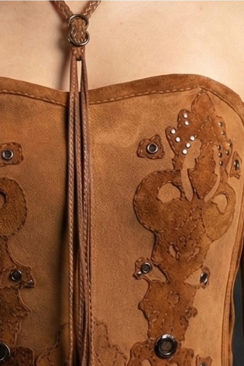 Handcrafted Brown Suede Halter Corset Top with Appliqués