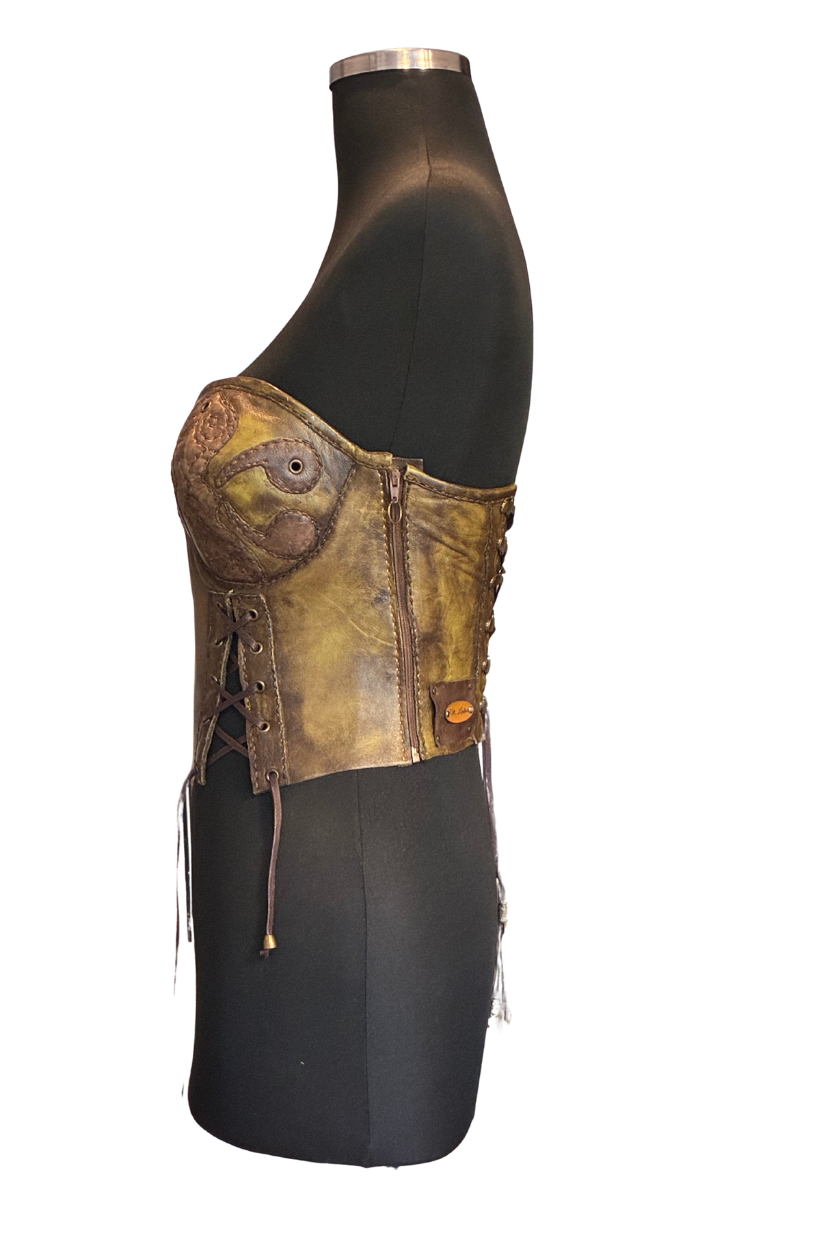 Handcrafted Antiqued Olive Leather Strapless Corset