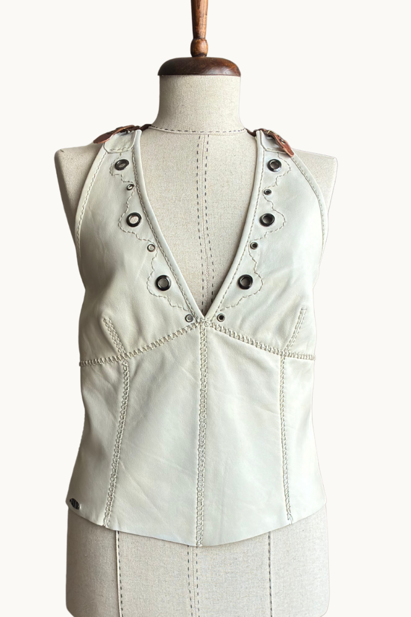 Handcrafted Cream Leather Halter Top with Lace-Up Back
