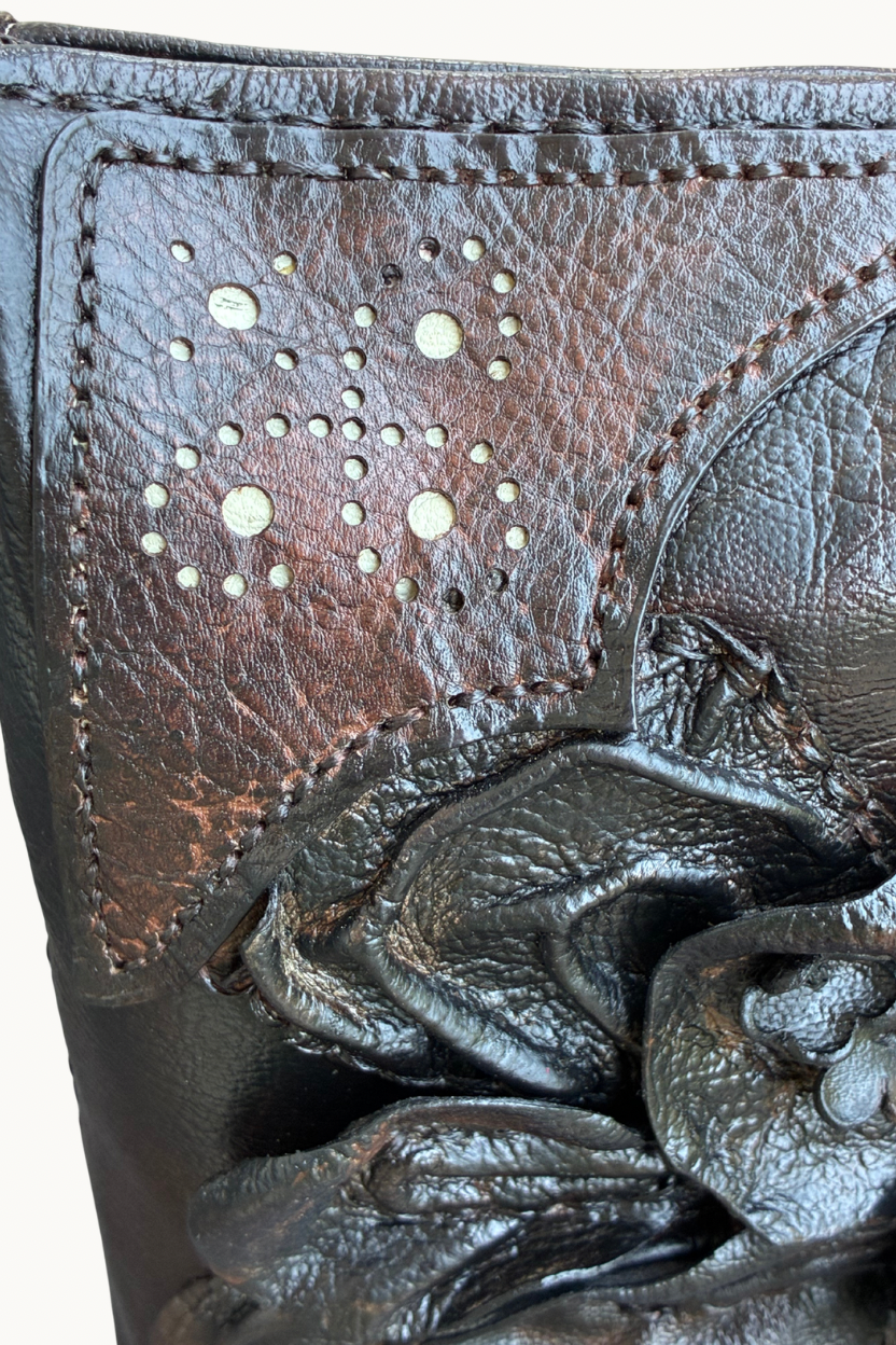 Handcrafted Leather Crossbody Bag with 3D Floral Appliqué