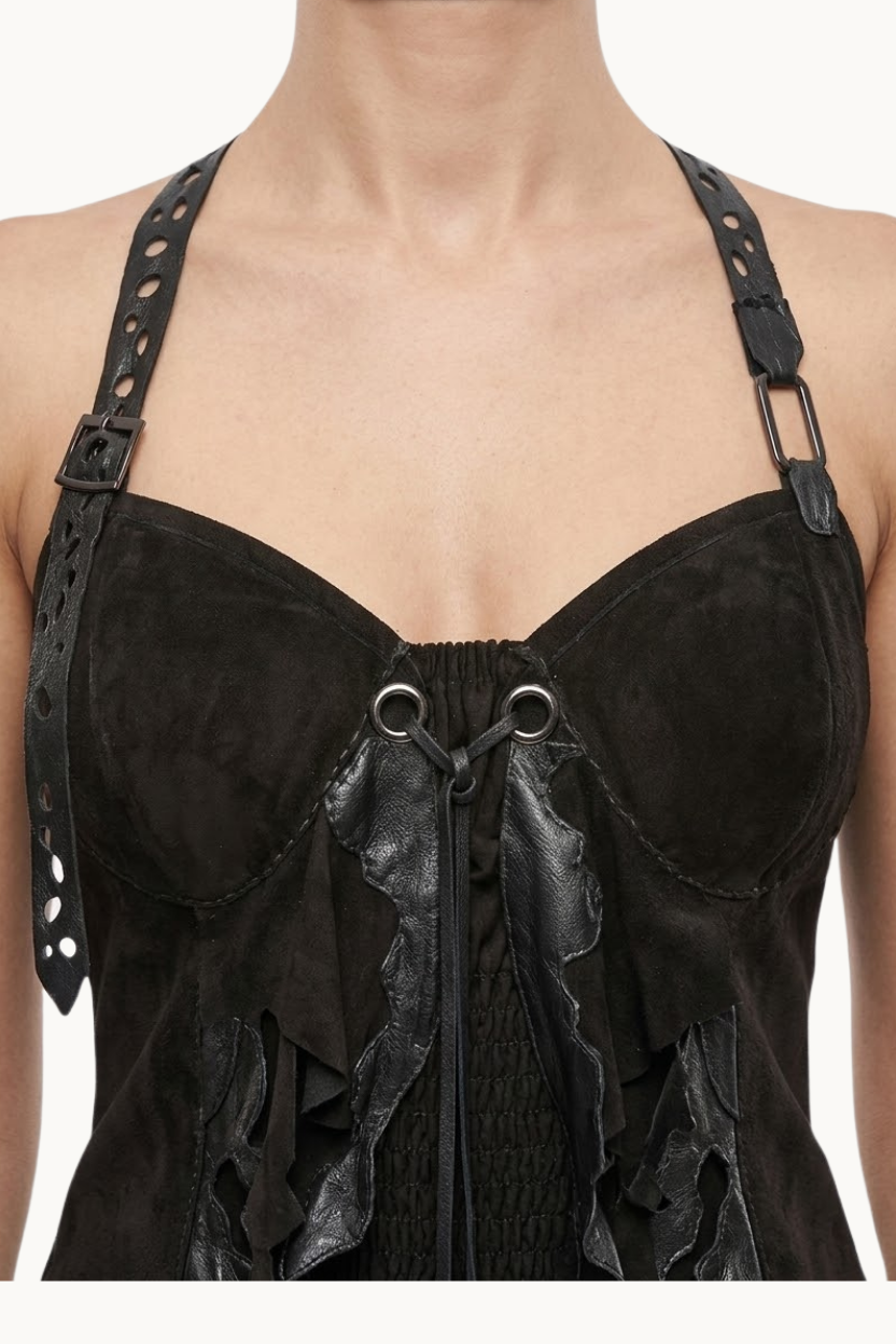 Handcrafted Black Suede Draped Corset with Cutout Strap