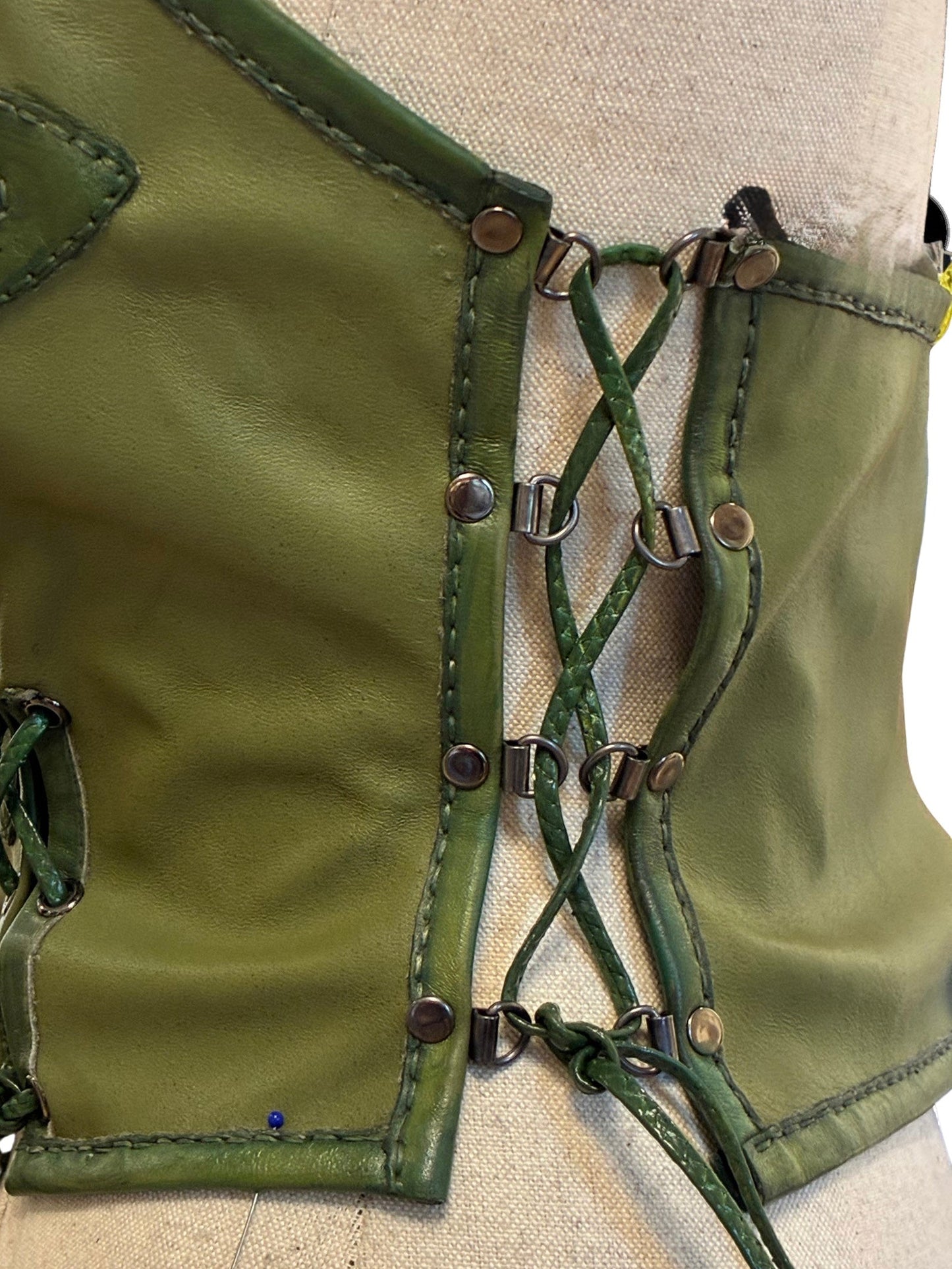 Handcrafted Olive Green Leather Halter Corset Top with Floral Appliqués | Artisan Bustier