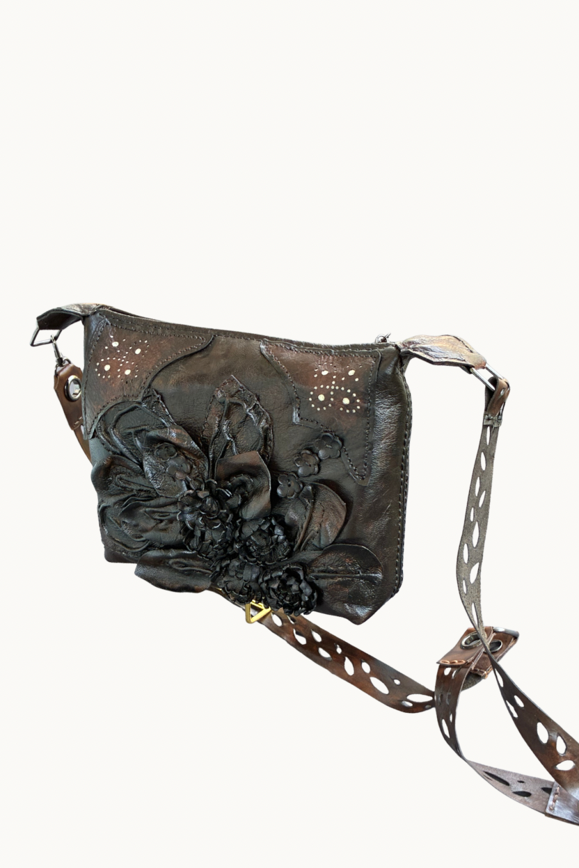Handcrafted Leather Crossbody Bag with 3D Floral Appliqué