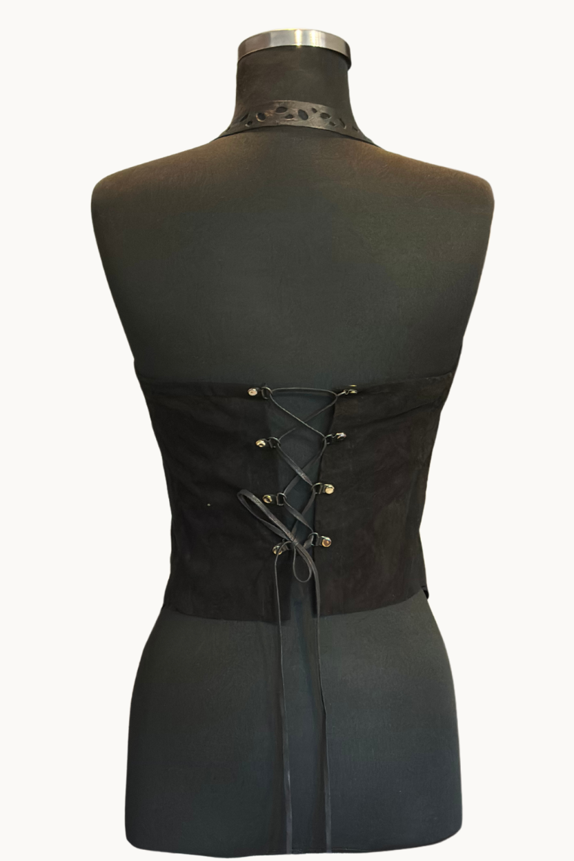 Handcrafted Black Suede Draped Corset with Cutout Strap