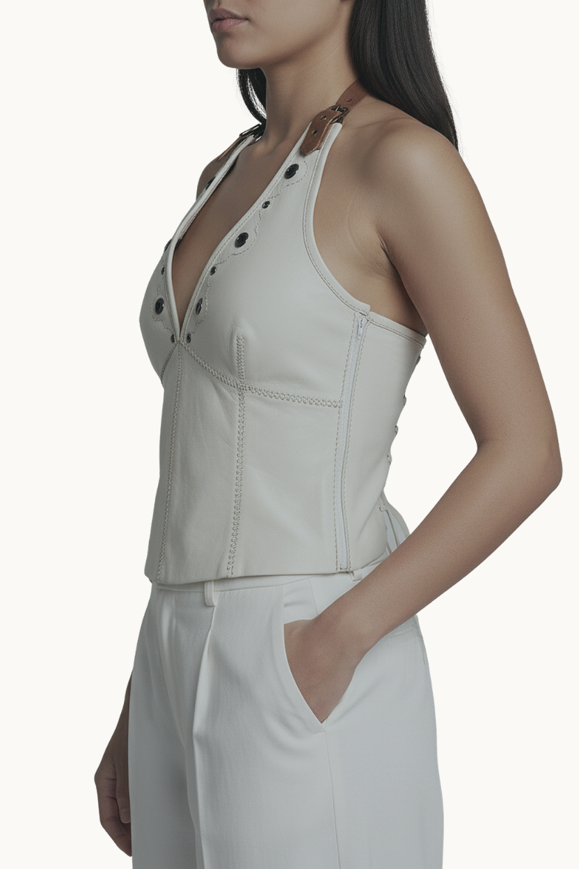 Handcrafted Cream Leather Halter Top with Lace-Up Back
