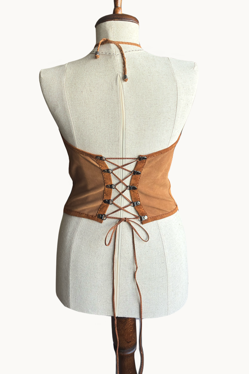 Handcrafted Brown Suede & Leather Tiger Eye Halter Top