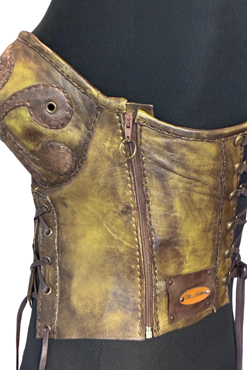 Handcrafted Antiqued Olive Leather Strapless Corset