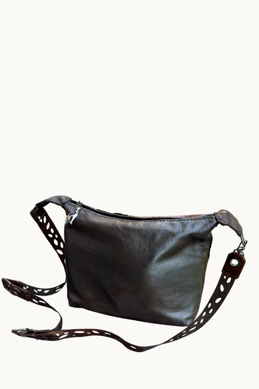 Handcrafted Leather Crossbody Bag with 3D Floral Appliqué