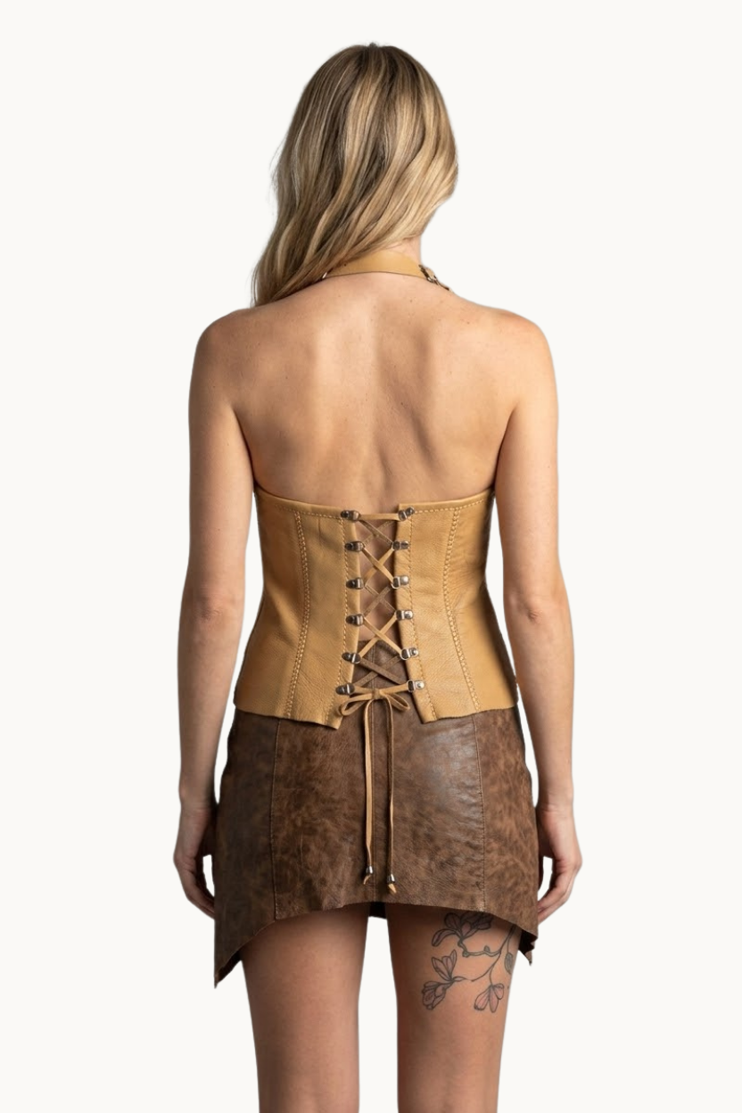 Handcrafted Tan Leather Halter Vest with Geometric Stitching