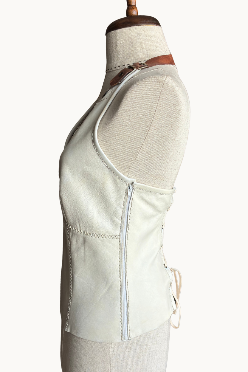 Handcrafted Cream Leather Halter Top with Lace-Up Back