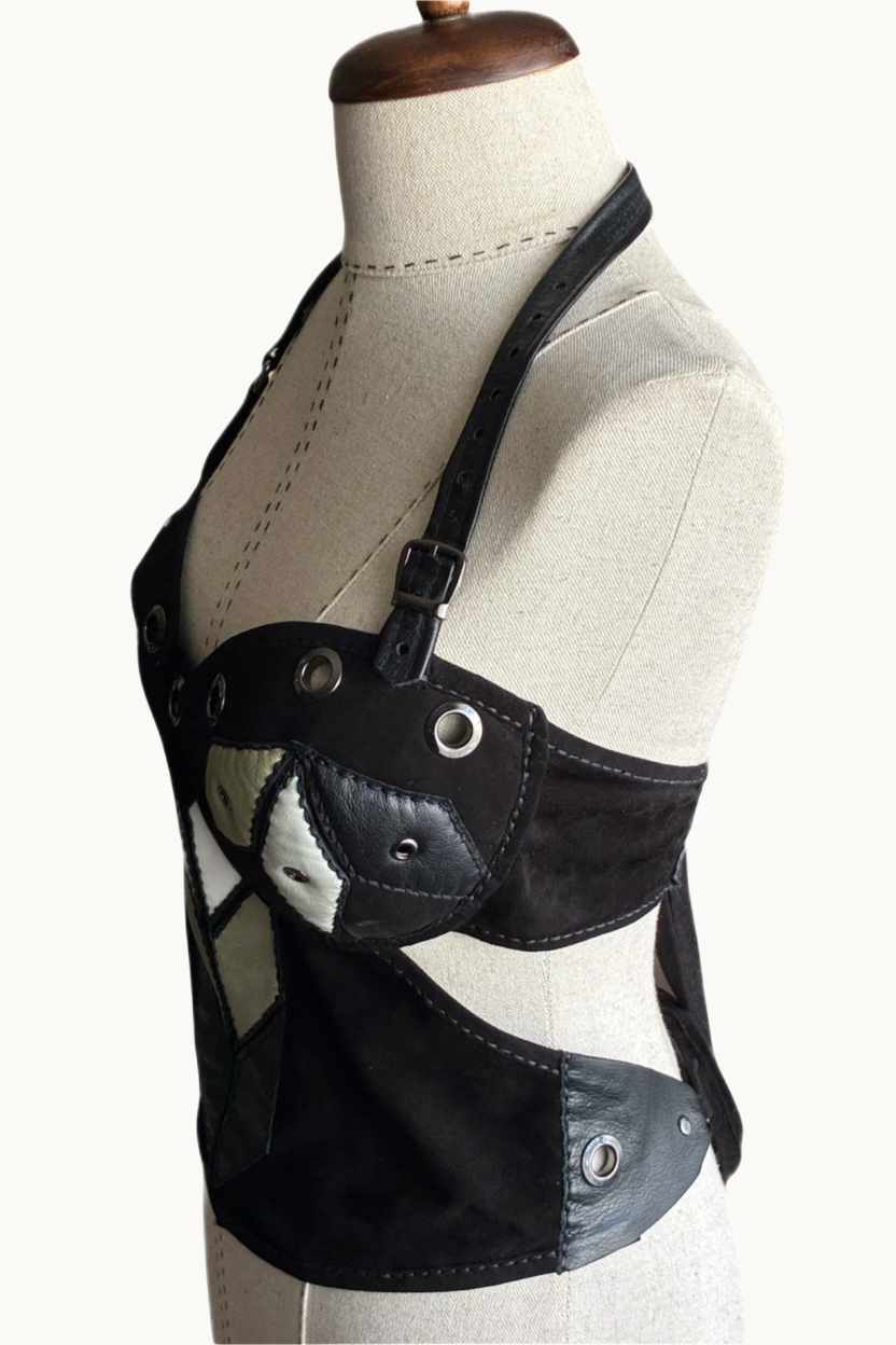 Handcrafted Black Suede Geometric Patchwork Halter Top