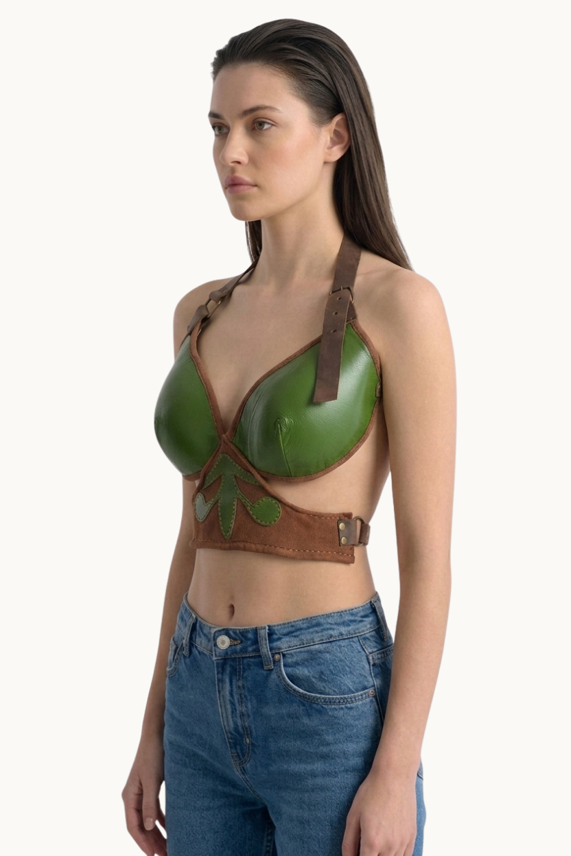 Yaprak Aplikeli El Yapımı Yeşil Deri Bralet Koşum Takımı