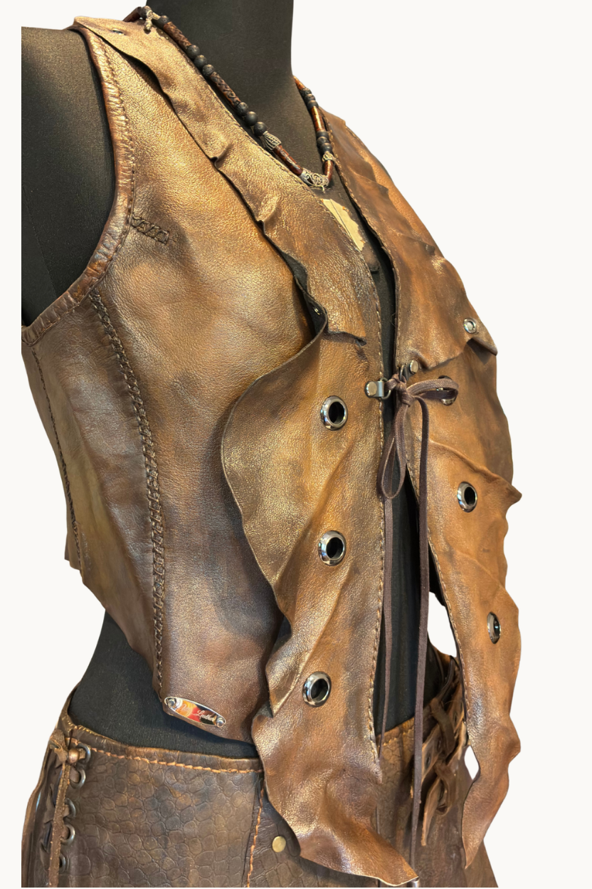 Handcrafted Distressed Leather Ruffle Vest with Eyelets